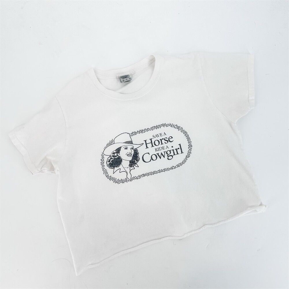 Save a Horse Ride a Cowgirl Graphic Tee Western Y2K White Crop Top Medium